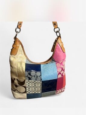 Coach Patchwork Hobo Bag in Pink, Blue, Tan and Gold Tones